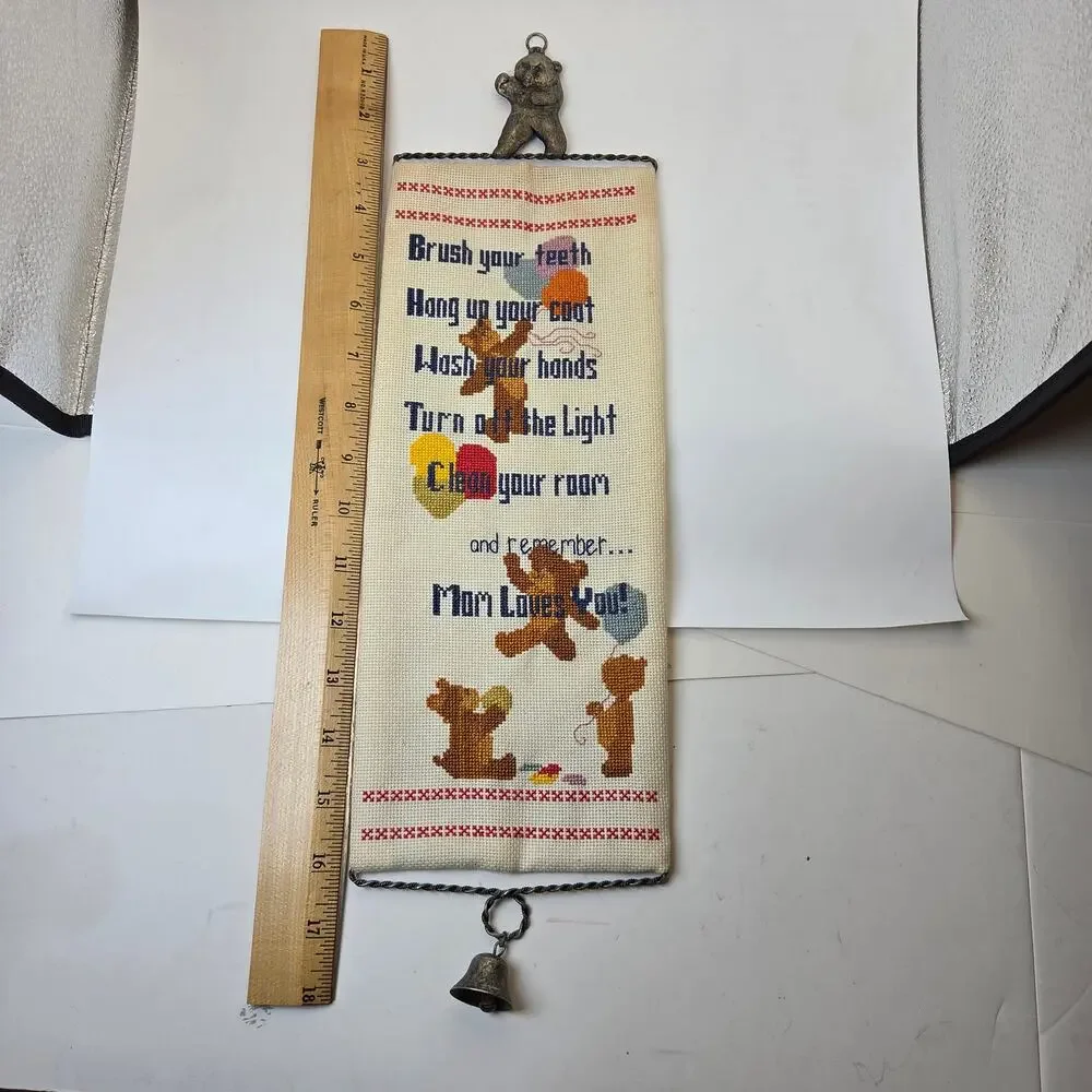 Vintage Teddy Bear Needlepoint Wall Hanging Bell Mom Loves You Nursery Decor